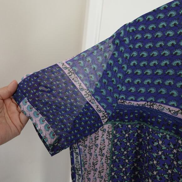 Esprit Patchwork Blue Dress Multi Print Cottage Retro Boho Size 10 Short Sleeve - Picture 4 of 12